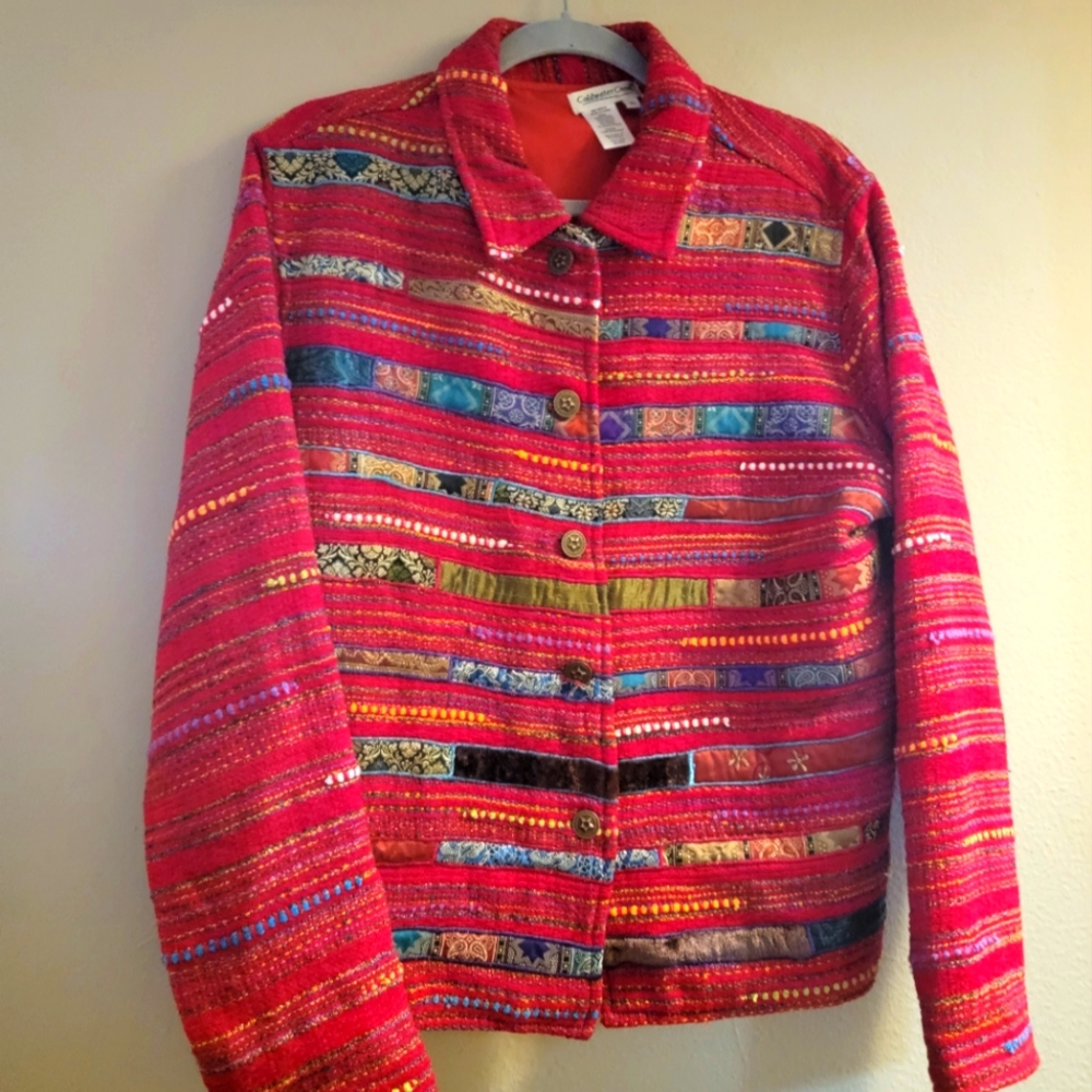 Coldwater Creek Art To Wear Red Lined Patchwork Tapestry Jacket XL